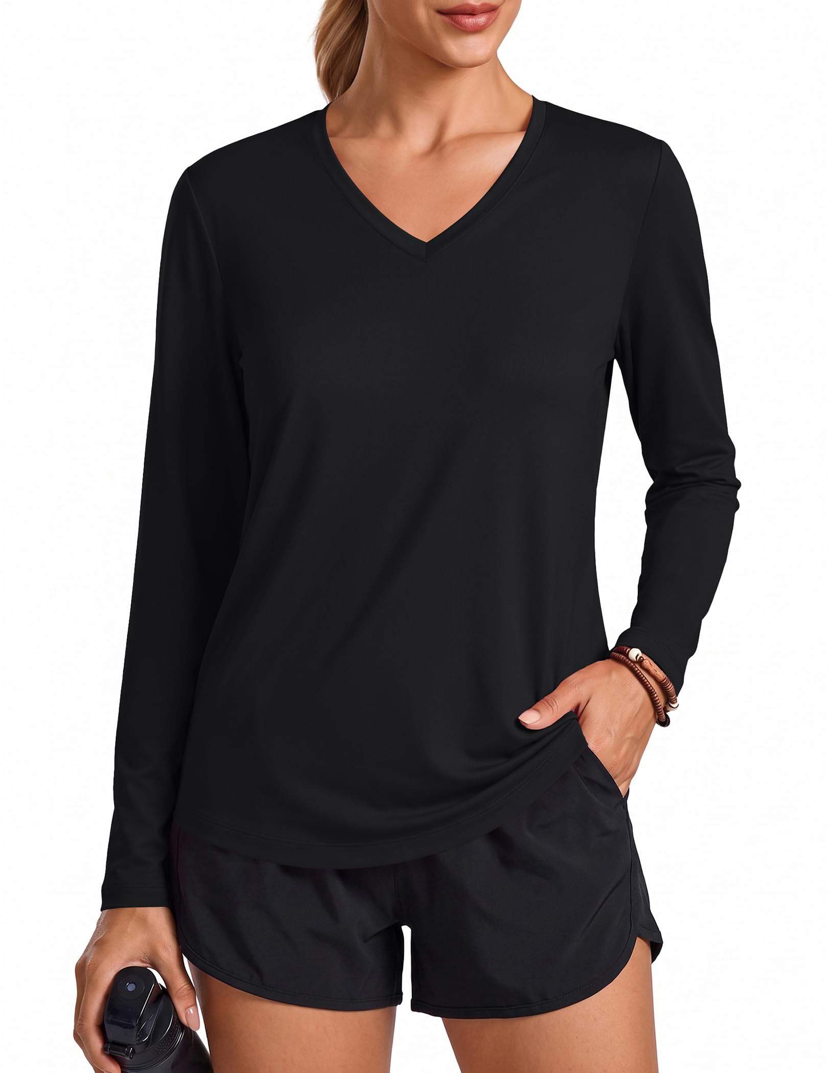 PINSPARK Long Sleeve Workout Tops for Women V-Neck UPF 50+ Running Shirts
