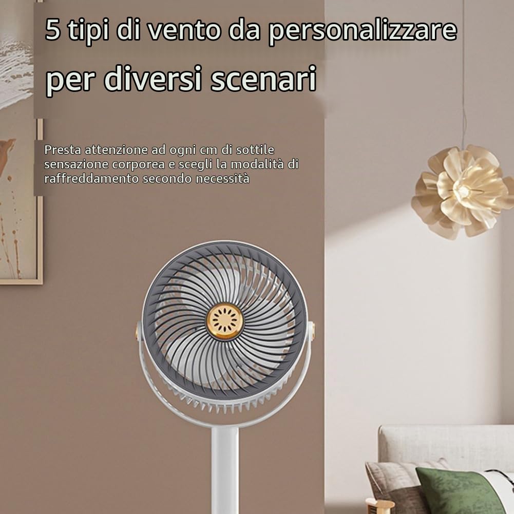 Ventilatore a piedistallo, 28–86,5 cm, regolabile, silenzioso, oscillazione a 360°, 5 velocità, 4000 mAh, ricaricabile tramite USB-C, con funzione aromaterapia per l'uso in camera da