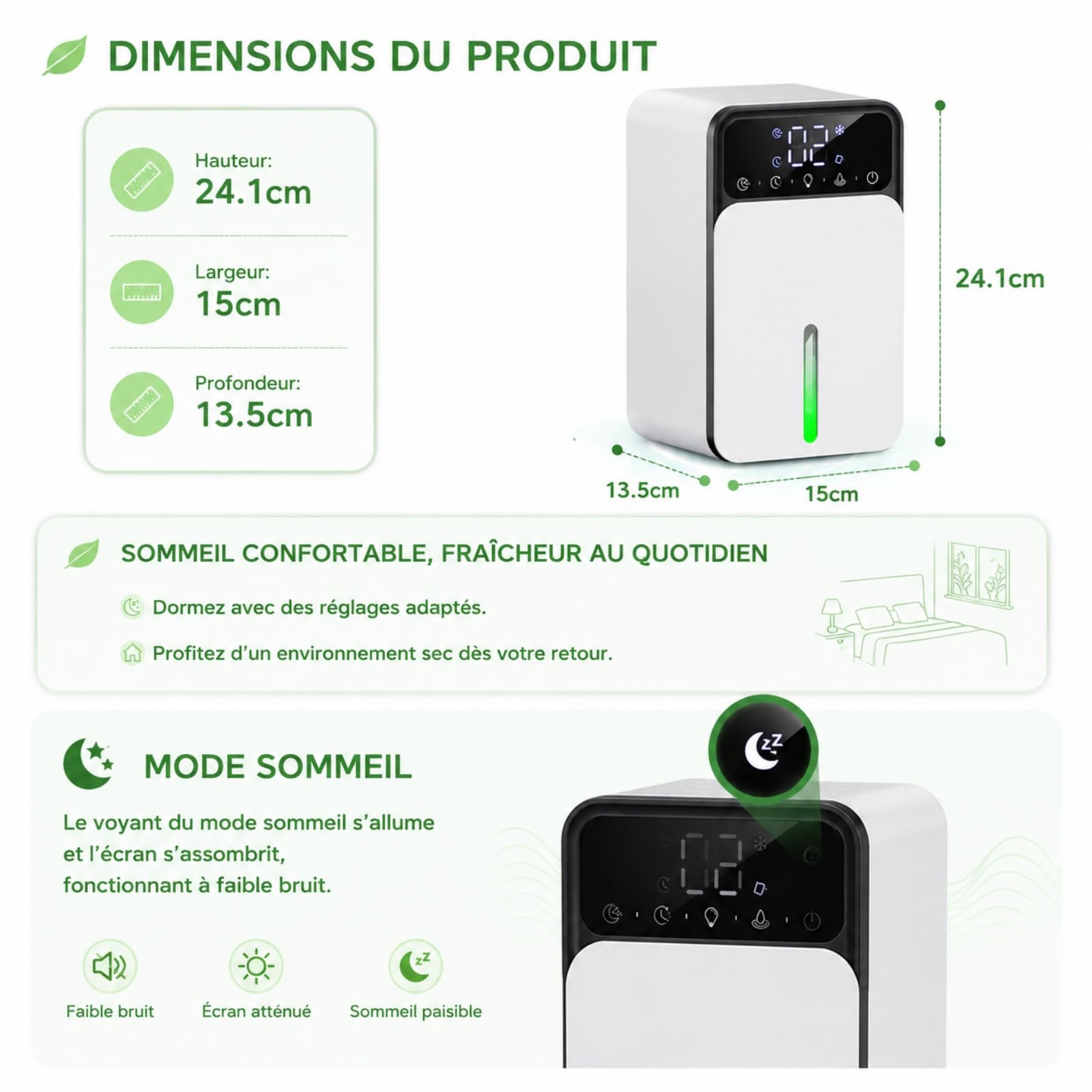 Déshumidificateur d air électrique 1500ml lcd niveaux ajuster et 3 modes déshumidification d'air avec minuterie Blanc