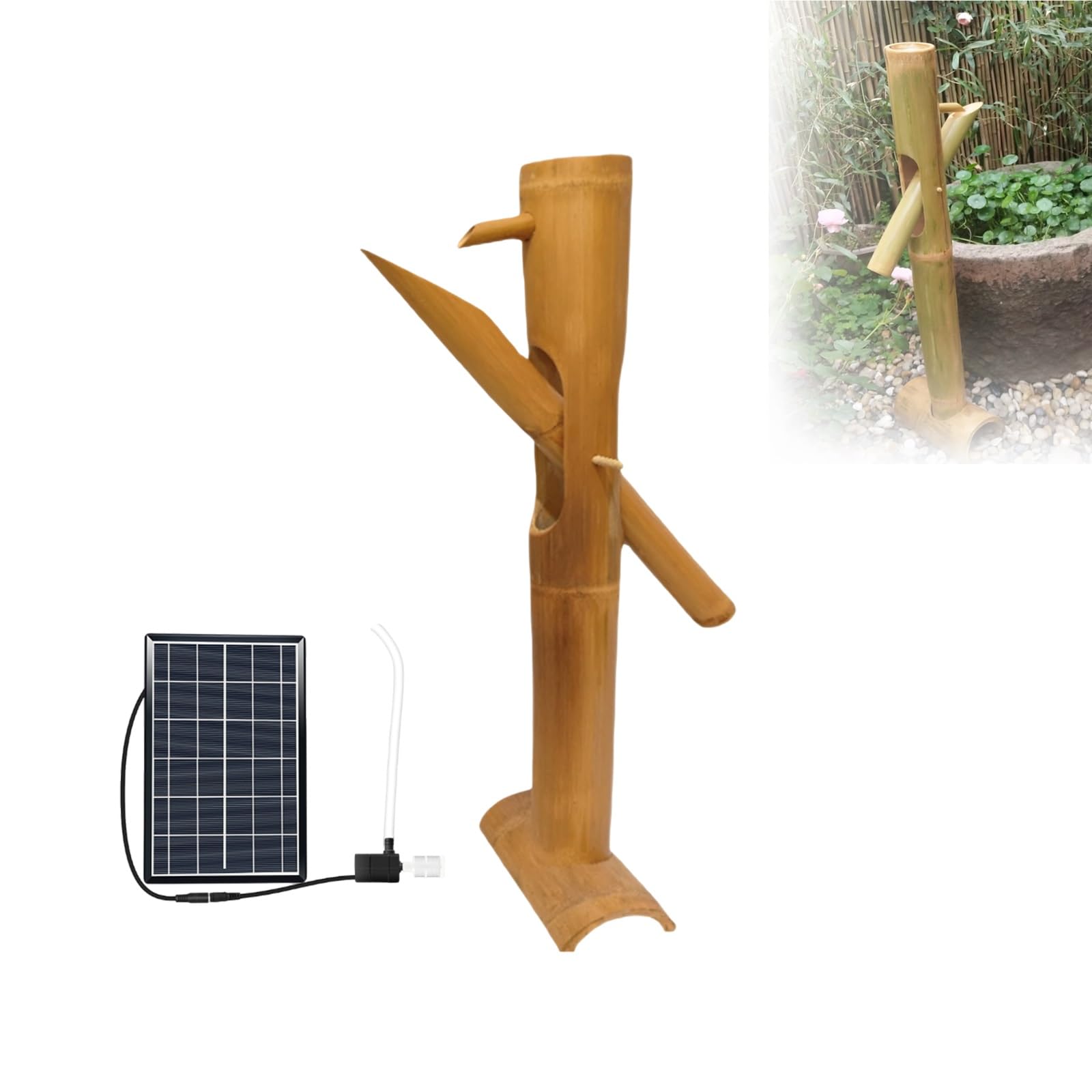 Outdoor Bamboo Fountains, Bamboo Fountain Garden Water Feature with Pump & 6W Solar Panel, Outdoor Freestanding Waterfall for Patio Yard Backyard Home(50cm)