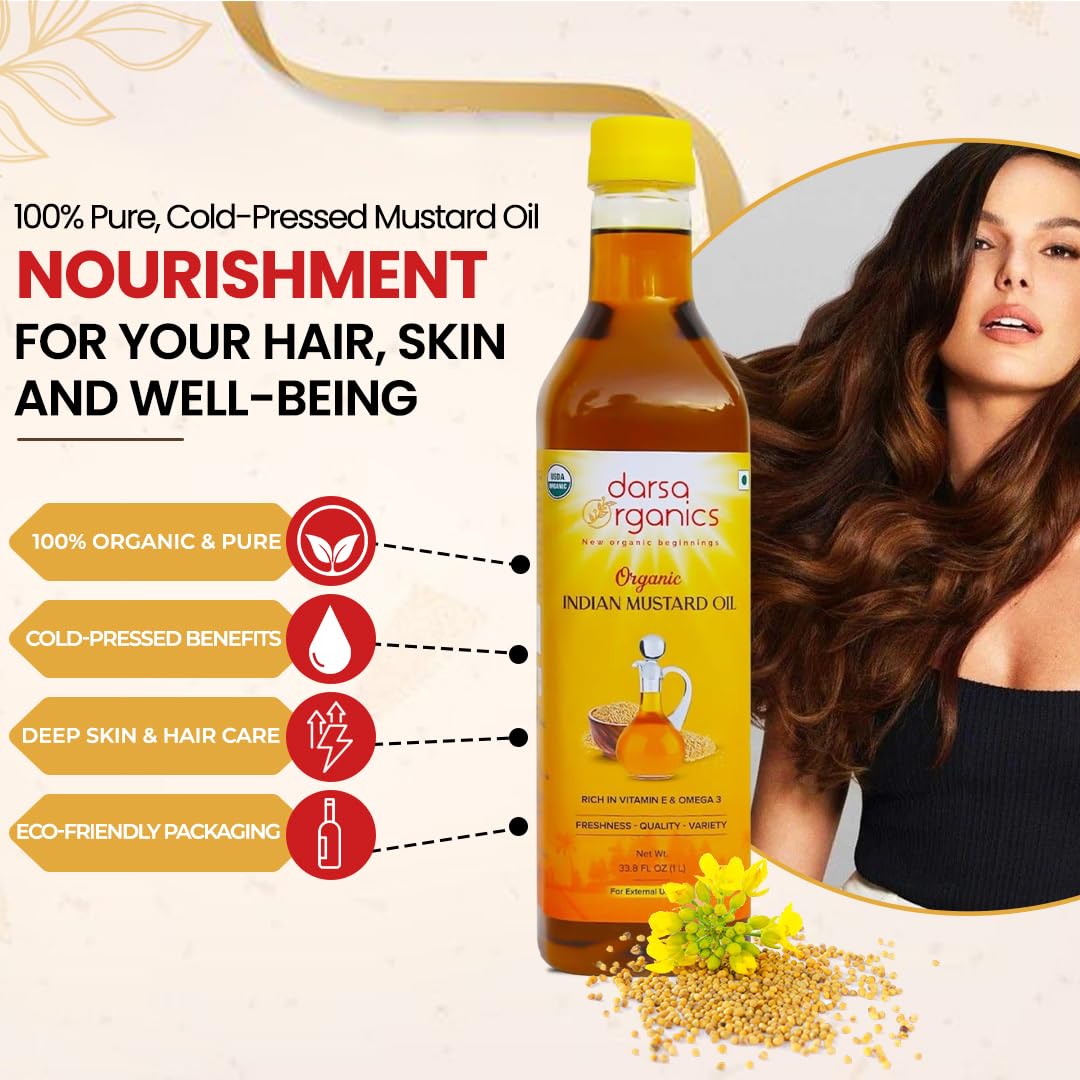 Darsa Organics Mustard Oil for Hair Growth, Skin and Massage, 33.8 oz (1000ml), USDA Organic Cold Pressed Mustard Seed Oil, Pure and Unrefined, Rich in Vitamin E and Omega 3 - Image 7