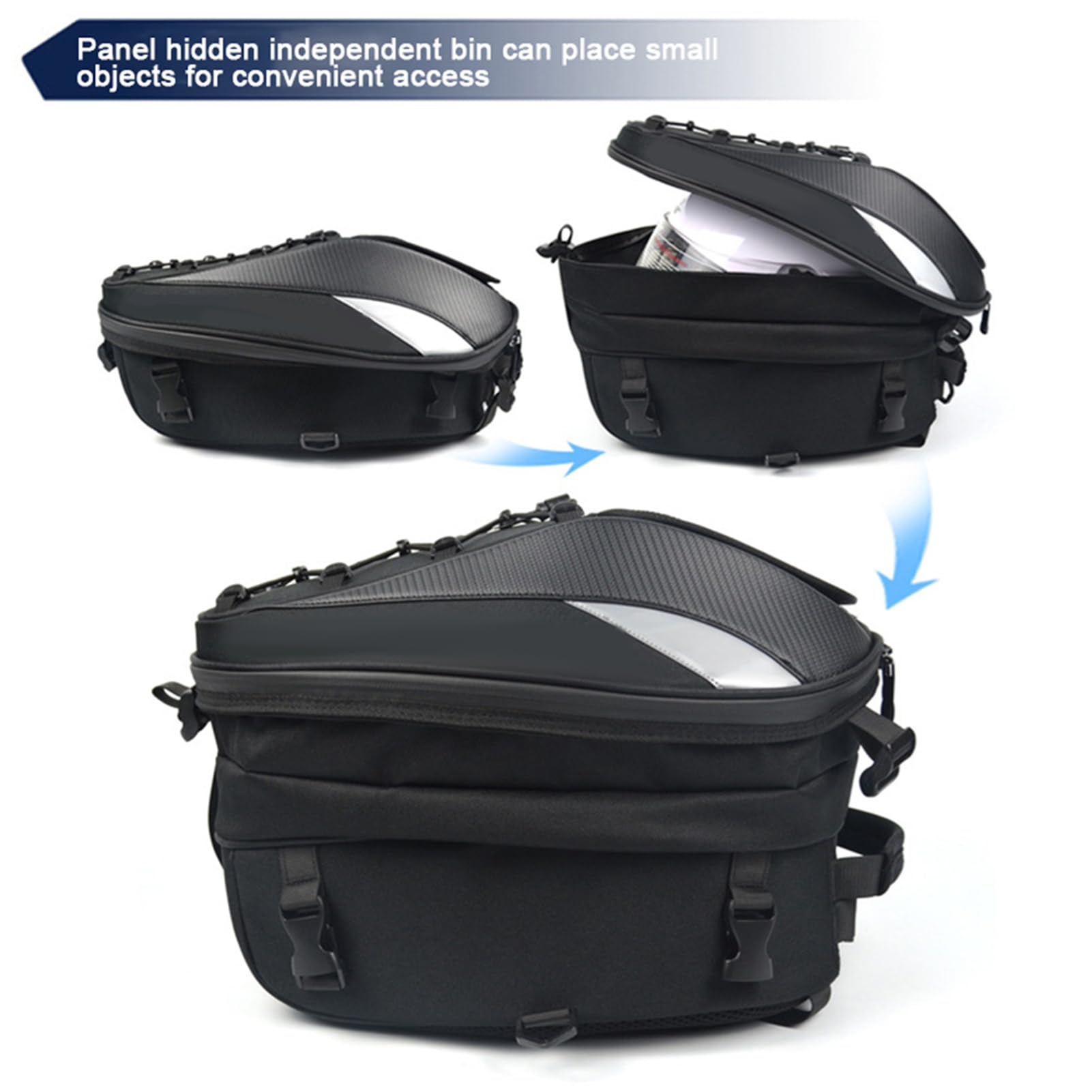 Domary Borsa Posteriore, Borsa da Sella, Zaino Multifunzionale con Strisce Riflettenti per Motociclisti e Pendolari, Scomparto Espandibile per Casco, Telefono e Chiavi. Dimensioni