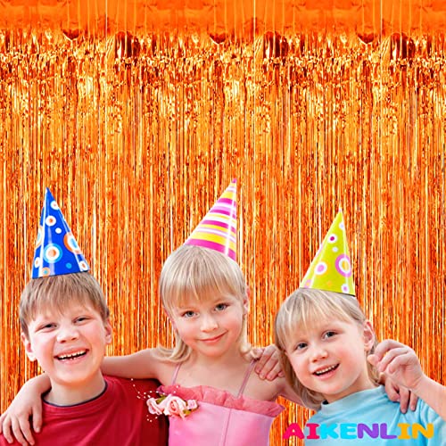 Image of 4 Pack 3.2Ft x 8.2Ft Orange Foil Fringe Curtain Backdrop, Metallic Tinsel Foil Fringe Streamers Curtains Background for Photo Booth, Birthday, Wedding, Halloween, Christmas Party Decoration