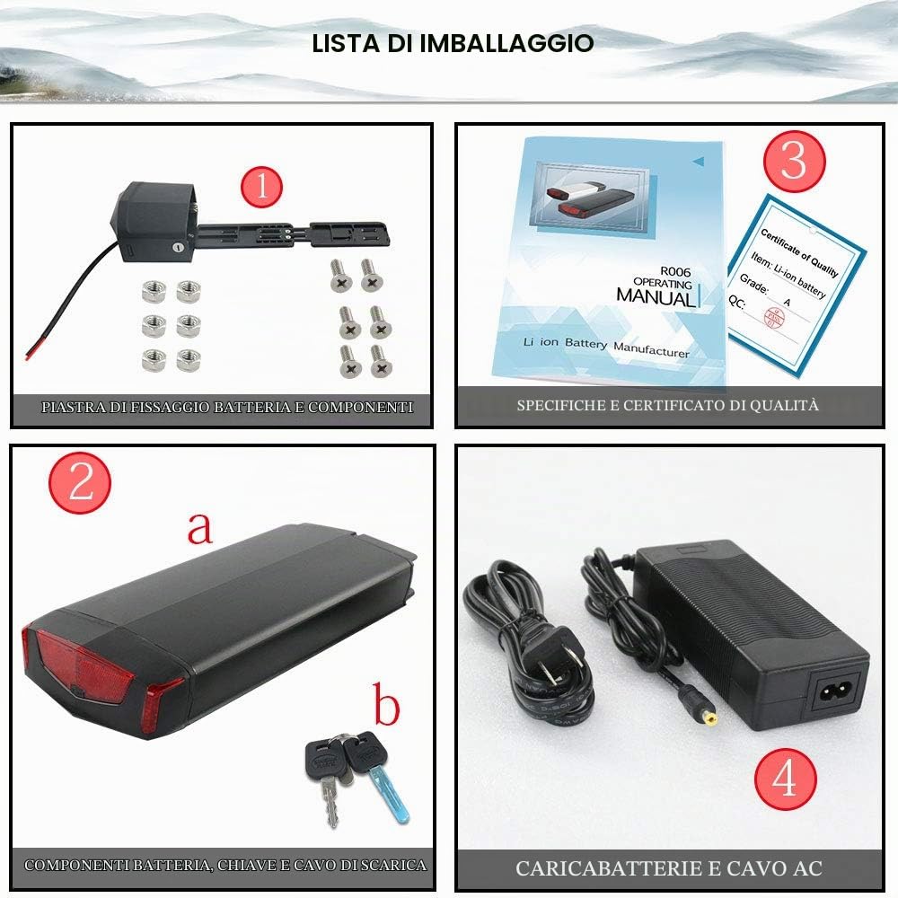 UPP 36V 13AH Ebike batteria al litio per 0-700W motore, batteria della bicicletta elettrica con caricabatterie (senza portapacchi)