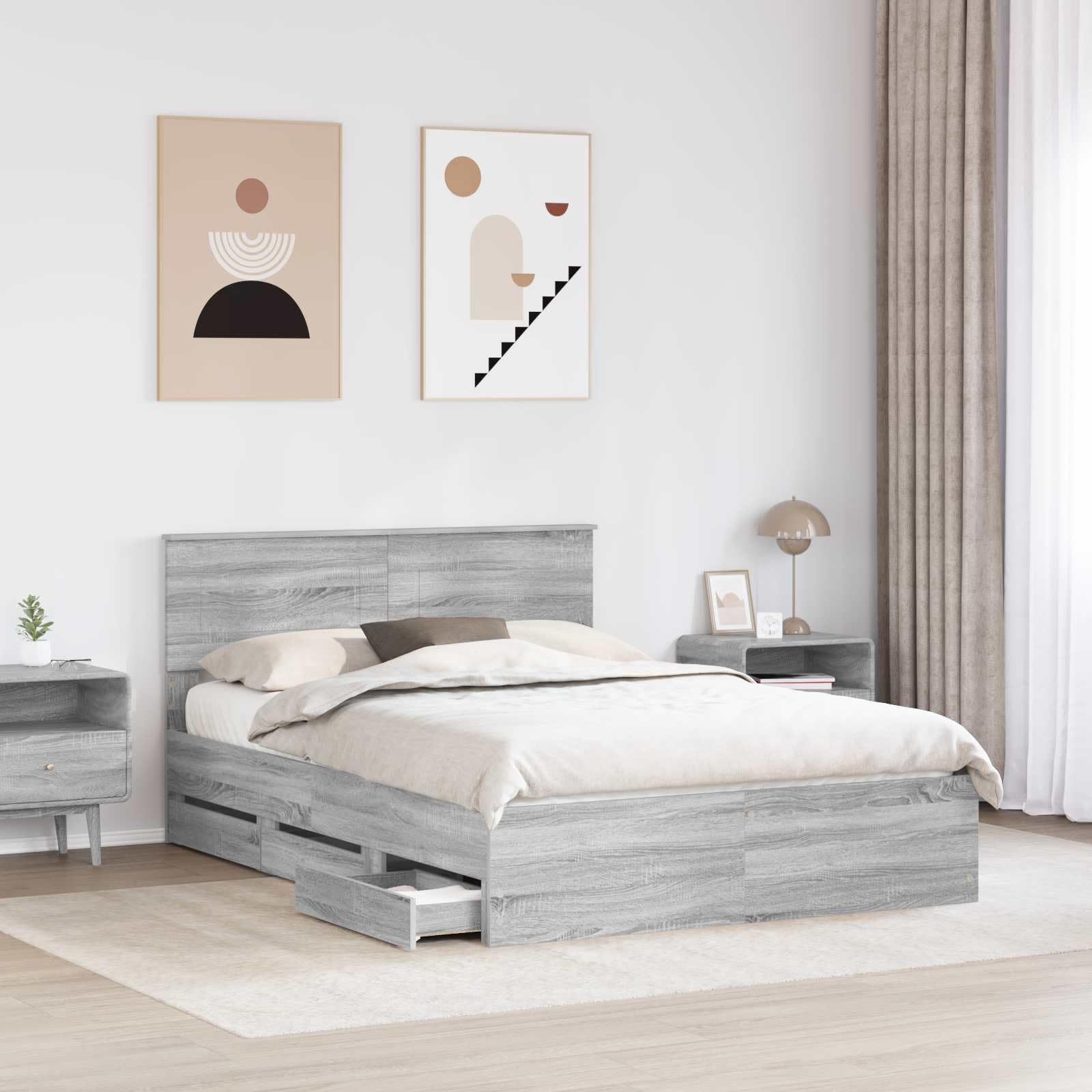 Cadre de Lit 160x200 cm avec Tête de Lit et 6 Tiroirs de Rangement, Lit Double Adulte en Bois d'Ingénierie pour Chambre Moderne, Sommier à Lattes Intégré, Gris Sonoma