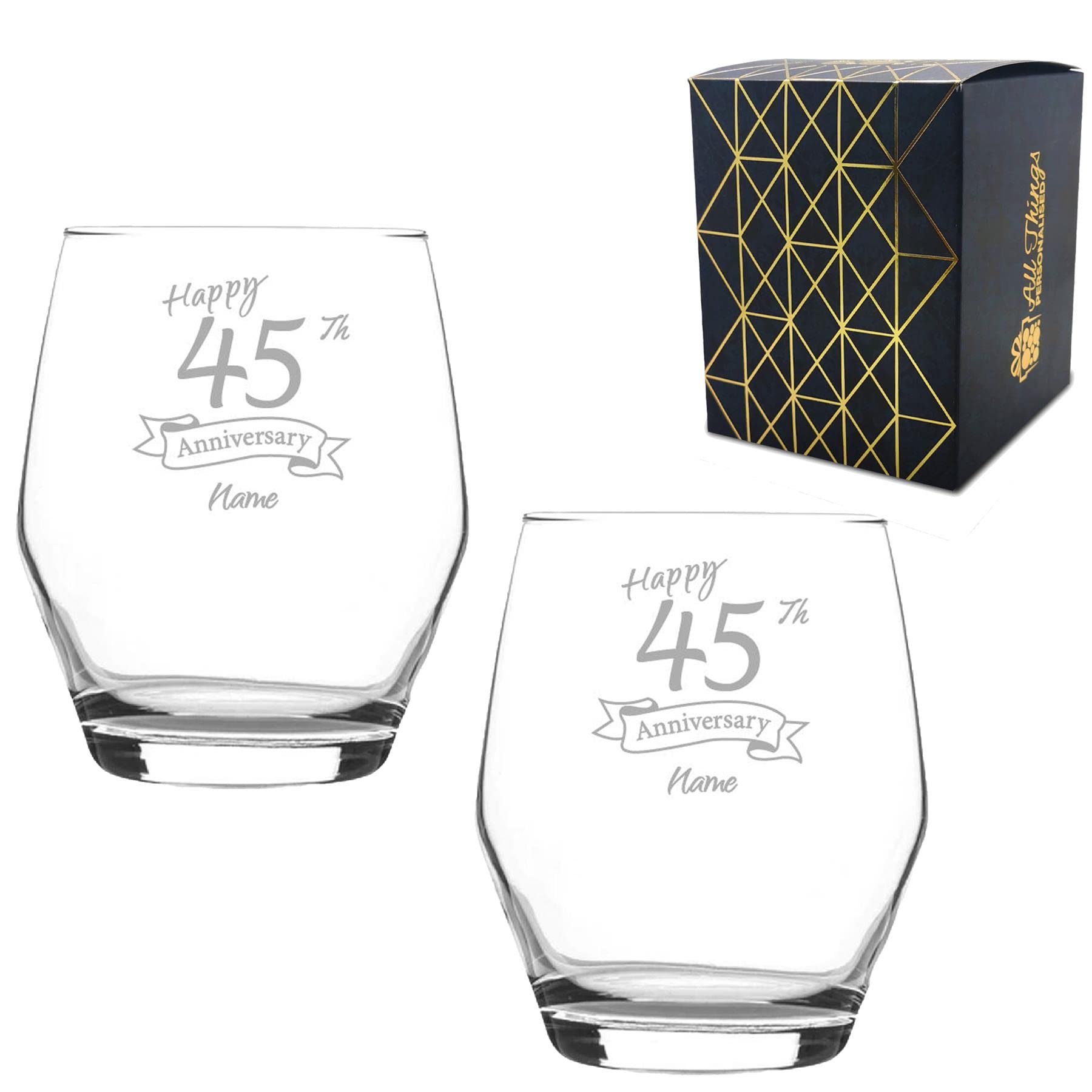 Personalised Engraved 45th Anniversary Glass Set of Two, Ella Whiskey 12.5oz Glass, Engraved in The UK, Personalise with Any Name, Thoughtful Customised Gift