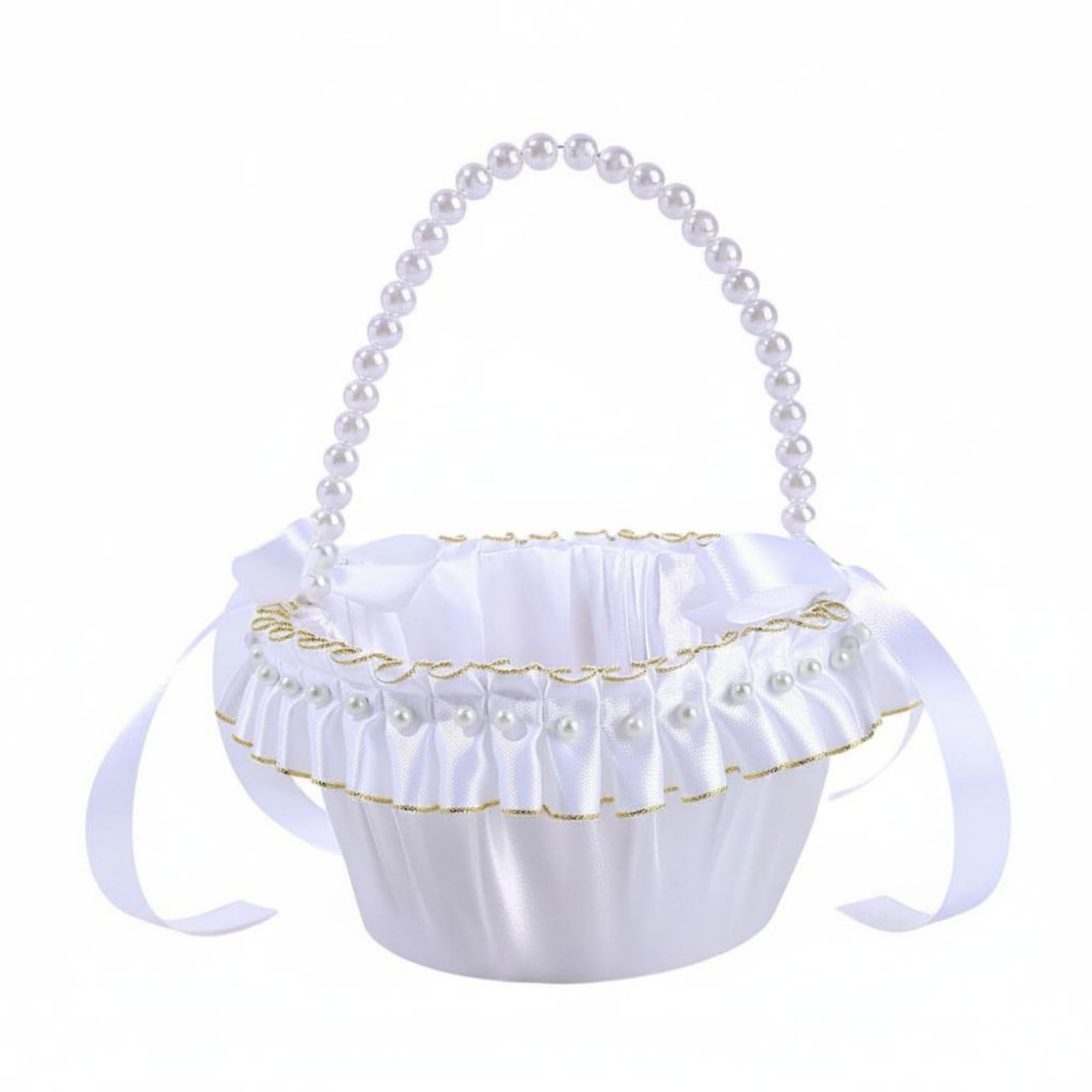Flower Girl Basket Elegant Pleated Ribbon Basket Gold Trim Ceremony Decor for Girls, S | Home & Garden | Wedding Supplies | Ring Pillows & Flower Baskets-image-8