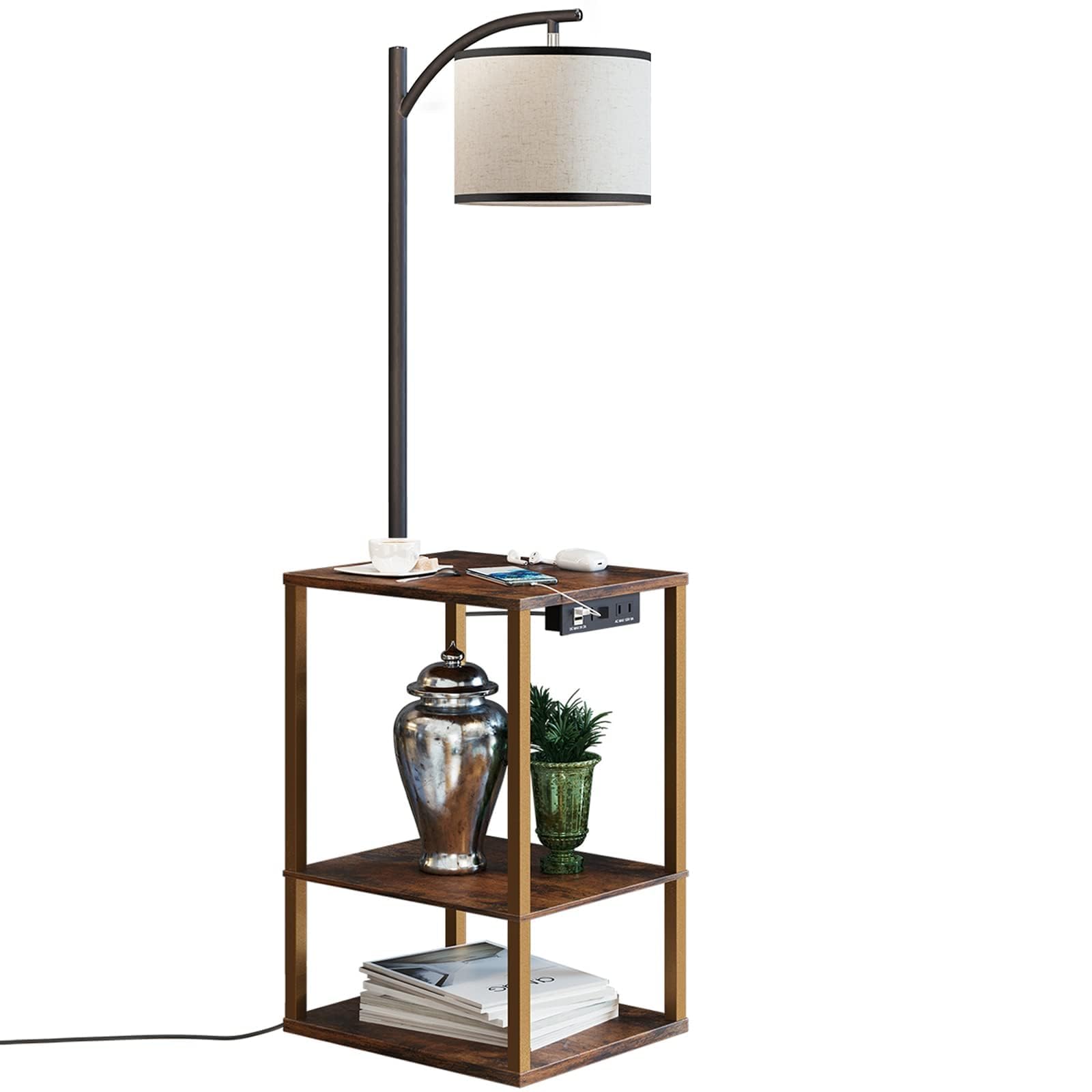 SUNMORY Floor Lamp with Table, End Table with Lamp, Shelves, Charging Station(USB & AC Port), 3-Color Temperature LED Bulb, Side Table Lamps for Living Room, Bedroom, Office, Rustic Brown