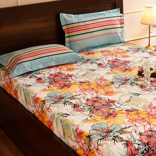 Image of Amazon Brand - Solimo Floral Splash 144 TC 100% Cotton Double Bedsheet with 2 Pillow Covers, Peach, 144 TC