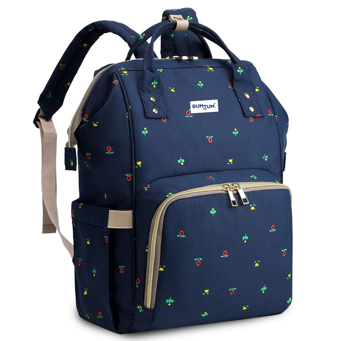 Bumtum Baby Diaper Bag for Mothers | Spacious Waterproof Backpack with Multiple Pockets to Easily Organise Baby Essentials, Various Sized Pockets (Printed, Navy Blue)