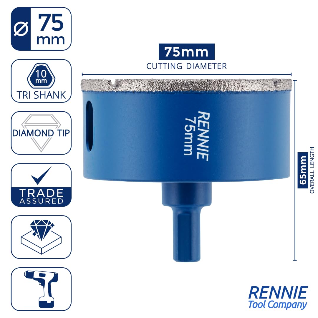 75mm Diamond Hole Saw Drill Bit With Tri Shank For Porcelain Tiles Ceramic Slate Stone Granite Marble Glass. Diamond Core Holesaw/Hole Cutter - Image 3
