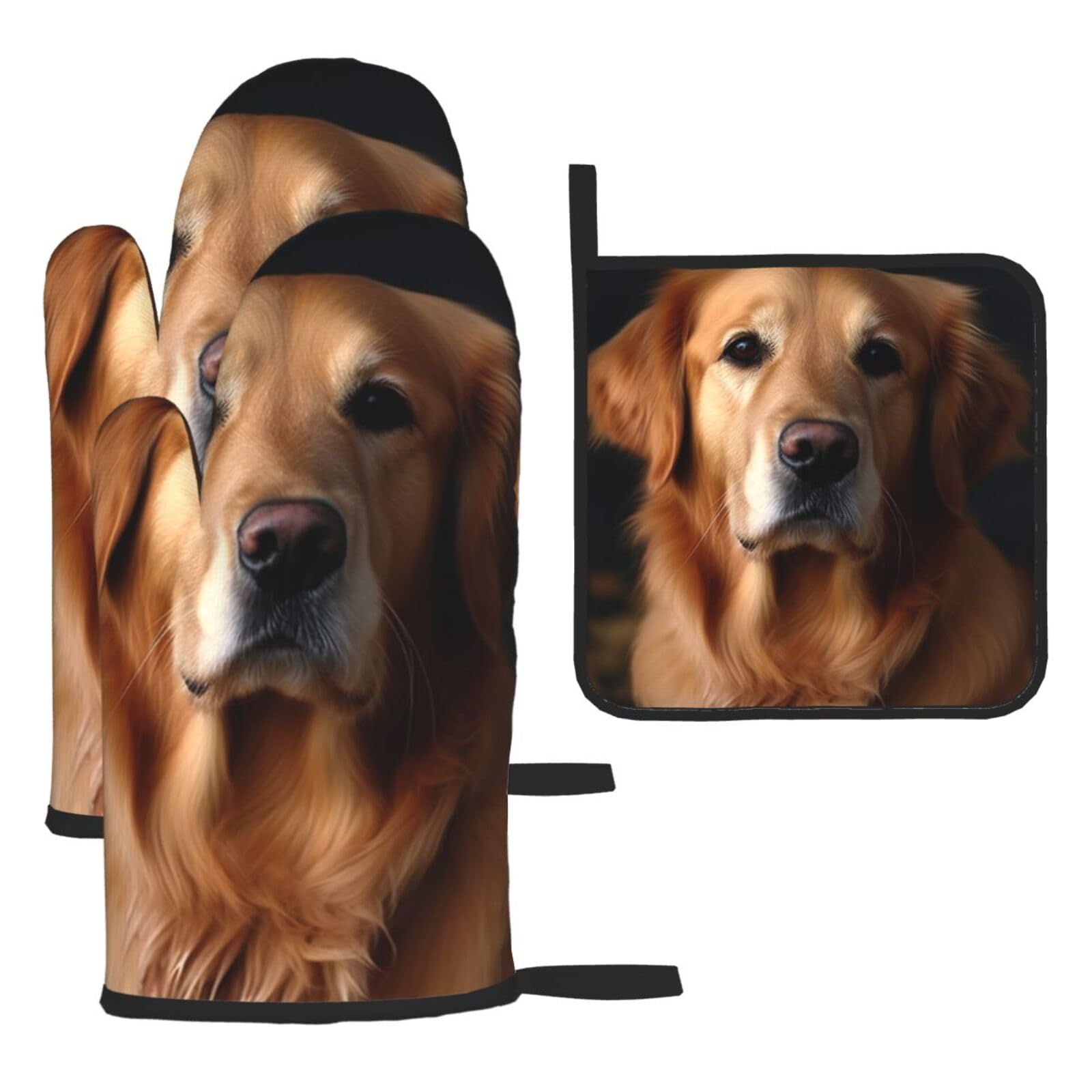 3 Piece Oven Mitts and Pot Holders Set Heat Resistant Oven Gloves and Potholders BBQ Gloves Hot Pads Golden Retriever Cooking Gloves for Kitchen Baking Grilling