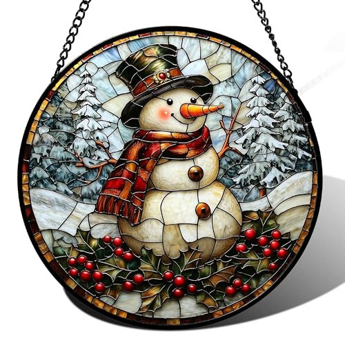 JOSUMALY Stained Glass Window Hanging - Christmas Snowman Suncatcher for Door Terrace Garden Home Decor Winter Forest Snow Sun Catcher Birthday Gifts for Lovers Women Men Dad Mom Nana 6.3 in
