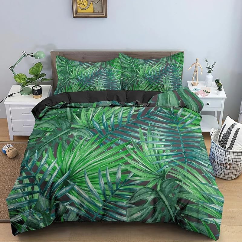 Funda Nordica Cama 180-260x240 cm Hojas de Palma Fundas de Edredón de Matrimonio Microfibra Adultos, Juego de Ropa de Cama con Cremallera y 2 Fundas de Almohadas 50x75cm