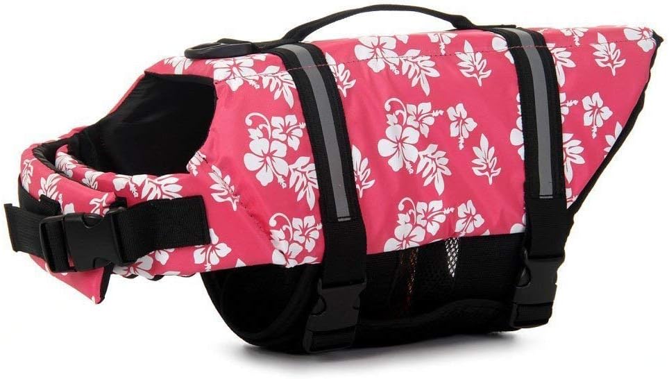 Dog Life Jacket Aquatic Pet Safety Preserver Vest with Reflective Tape (XXS, Red Flower)