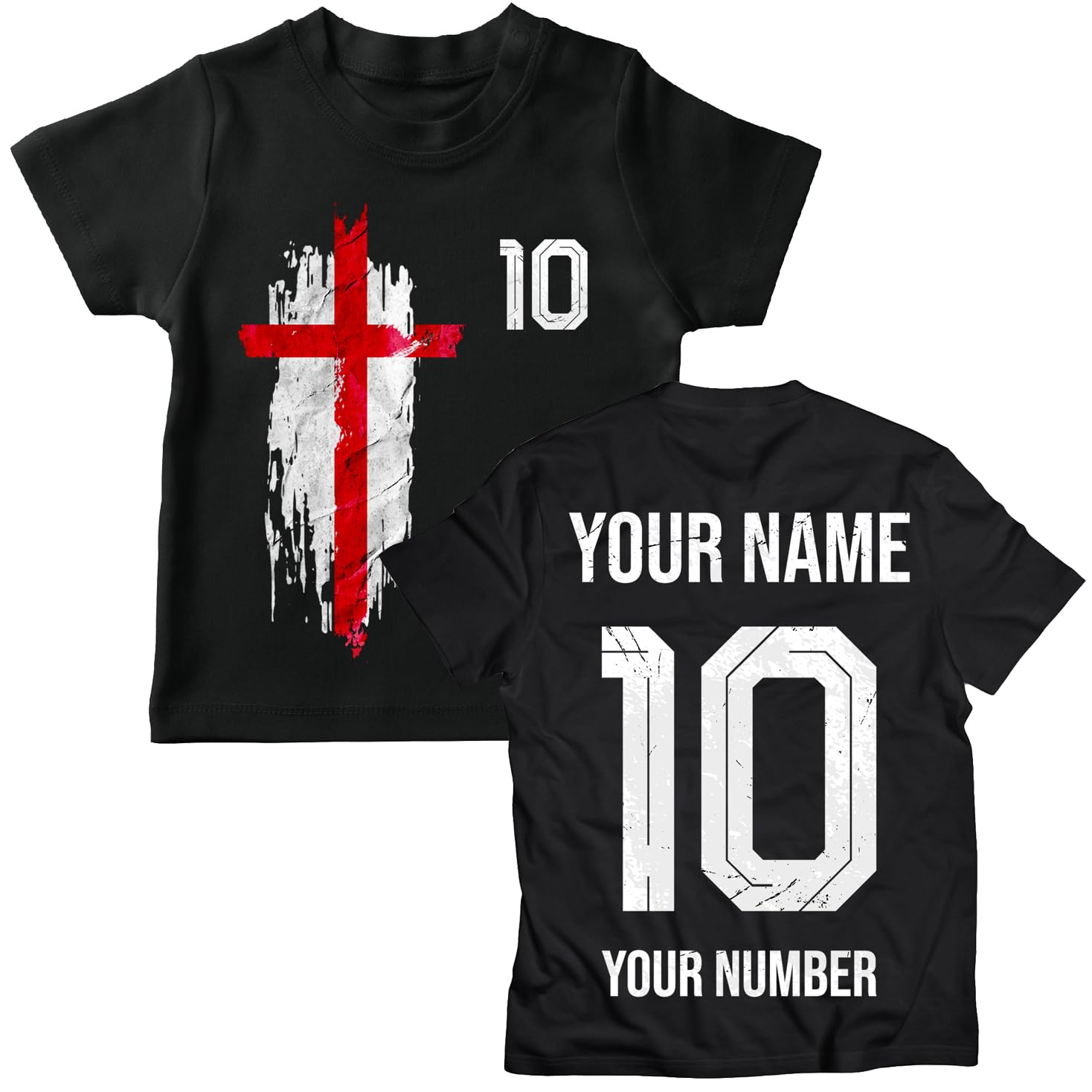 lepni.me England 2026 Personalised Kids' Football Fan Graphic Cotton T-Shirt, Custom Name and Number, Short Sleeve Supporters Top (12-13 Years Black Multi Color)