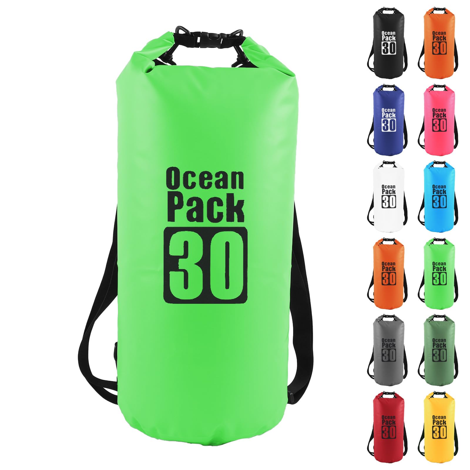 MOMAHUA 30L Waterproof Dry Bag Backpack with Double Shoulder Straps - Green Durable PVC Roll Top Dry Sack - Heavy Duty Reusable Rucksack for Kayaking, Boating, Beach & Travel