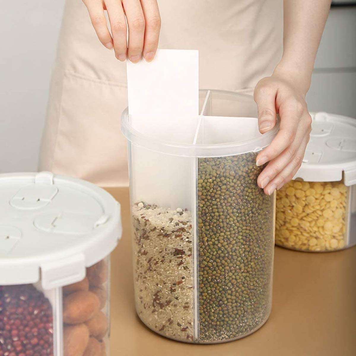 Dispenser di cereali da cucina in plastica con 4 griglie per farina, grano, riso, scatola portaoggetti grigia con coperchio sigillato per contenitore per alimenti secchi nization domestico