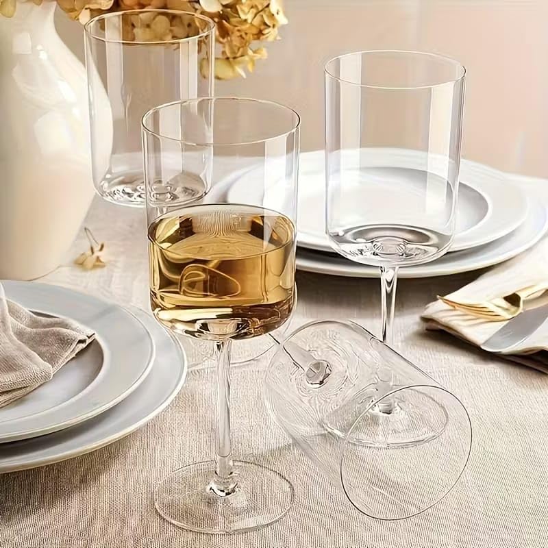 Image of PrimeWorld Modern Square Wine Glasses Set of 4 Pcs - 260 ml Crystal Stemmed Wine Glasses with Thin Laser-Cut Rim, Large Glasses for Red & White Wine, Dishwasher Safe