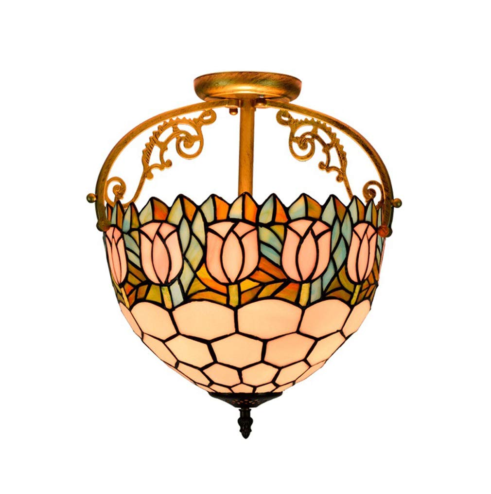 YNIYUJKL Tiffany-Style Semi-Hanging Ceiling Lamp 12 Inch Stained Glass Ceiling Lamp Pink Tulip Decorative Light Restaurant Bedroom Ceiling Chandeliers