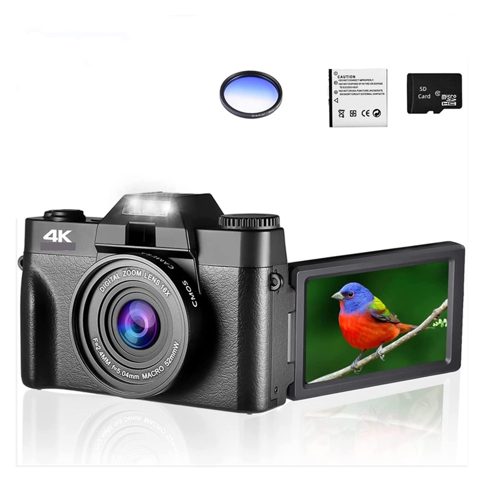 CVFRDD 48MP Digital Camera 4K UHD Vlog Camcorder 3.0" 180° Flip Screen Selfile Digital Webcam For Wide Angle Macro Lens(With Filter)