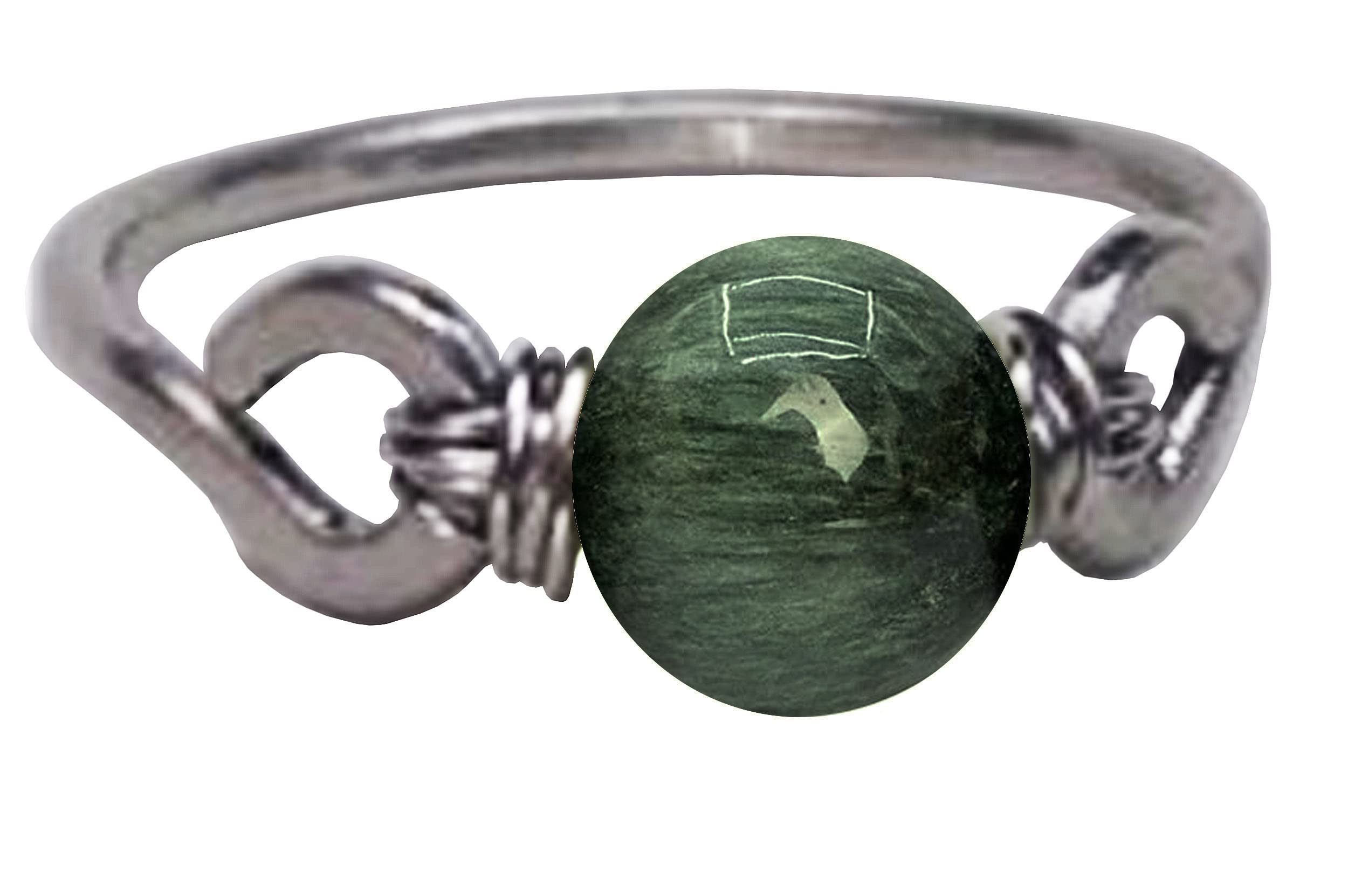 Green Chrysoberyl Cat’s Eye 6mm Bead Ring in Stainless Steel- Silver-Bronze-Copper- Black Iron-Titanium-Niobium-14K Gold-14K Rose Gold Hand Hammered Ring Sizes 4-16