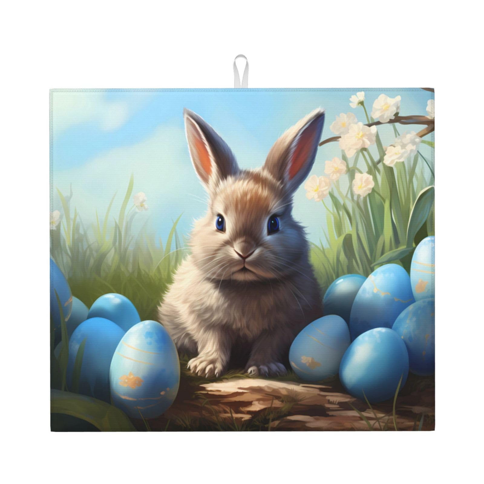 hsbolediy Easter Bunny Blue Eggs Dish Drying Mat for Countertops 18x16 Inches, Dish Drainer Pad with Hanging Loop for Home Kitchen