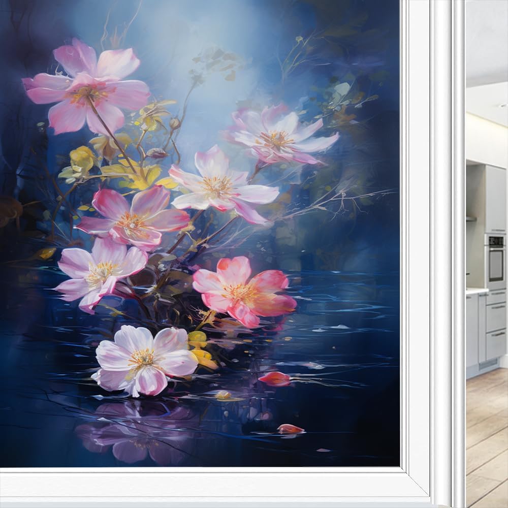 Colorful Nature Flowers Self-Adhesive Window Privacy Film Farmhouse Pond Landscape Frosted Window Sticker Heat Blocking Stained Glass Door Covering for Bathroom 35.4Wx55.1L inch