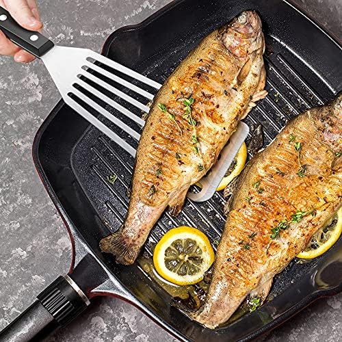 Fish Spatula, Herogo 2 Pieces Stainless Steel Fish Turner with ABS Solid Handle, Metal Slotted Spatula Turner for Flipping, Frying and Grilling, Attached S Hooks, Dishwasher Safe (11inch & 12.5inch)