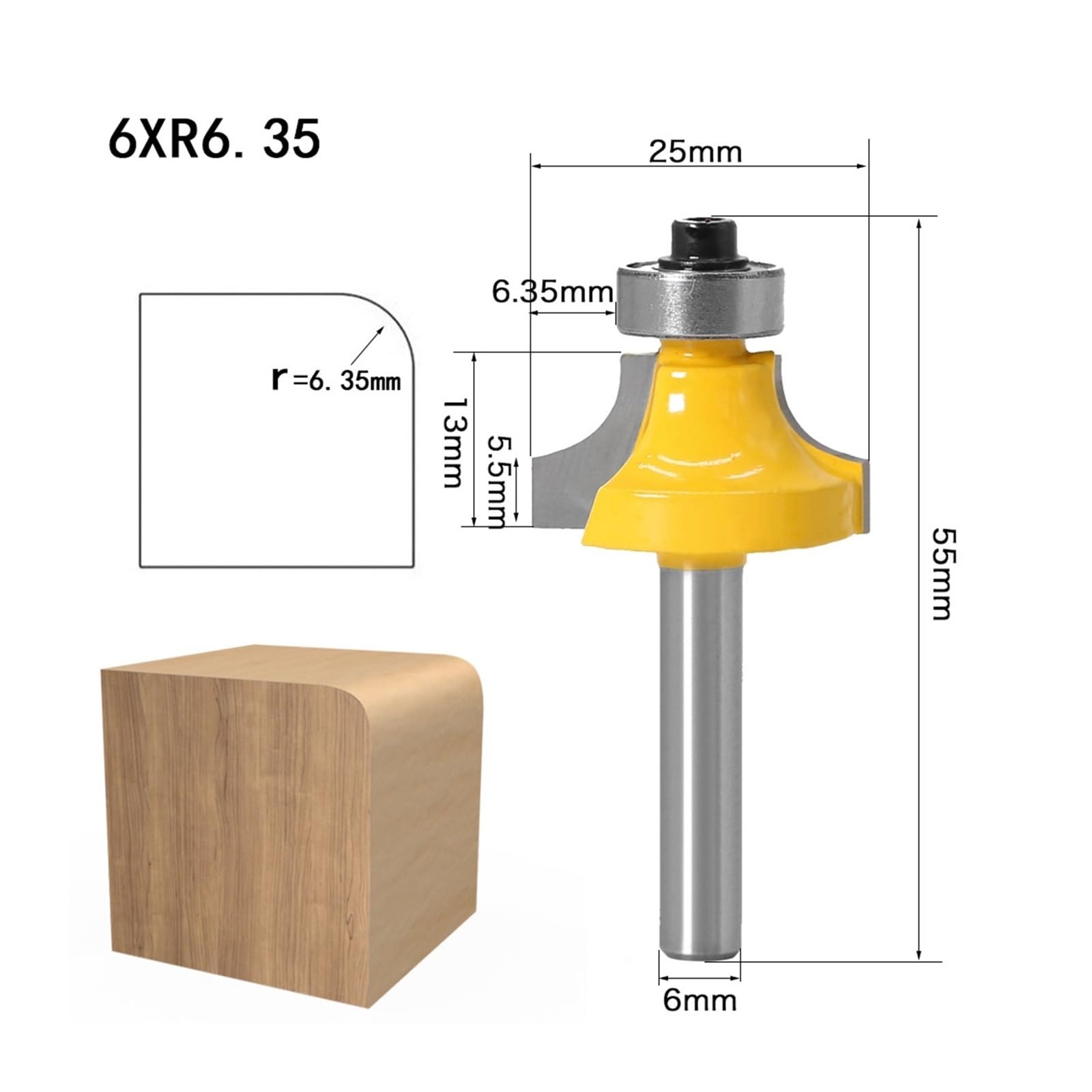 1 pieza de broca de enrutador redonda de esquina de vástago de 6mm con fresa de rodamiento for carpintería de madera de carburo de tungsteno(4PCS 6mm)