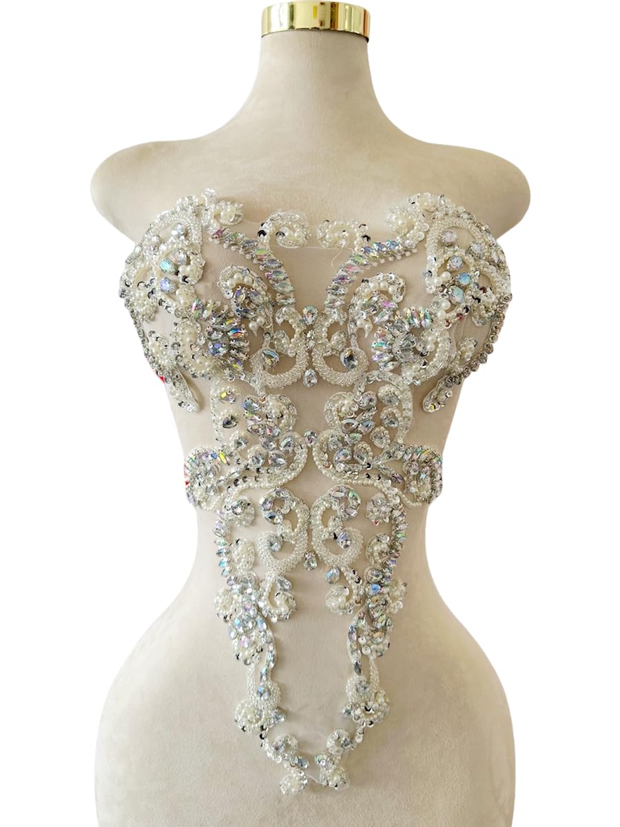 Akiko.CC Handmade Rhinestones lace Trim Patches handsewing Beads Applique for Dress DIY Accessories 13.7X21.2inches (Clear AB)