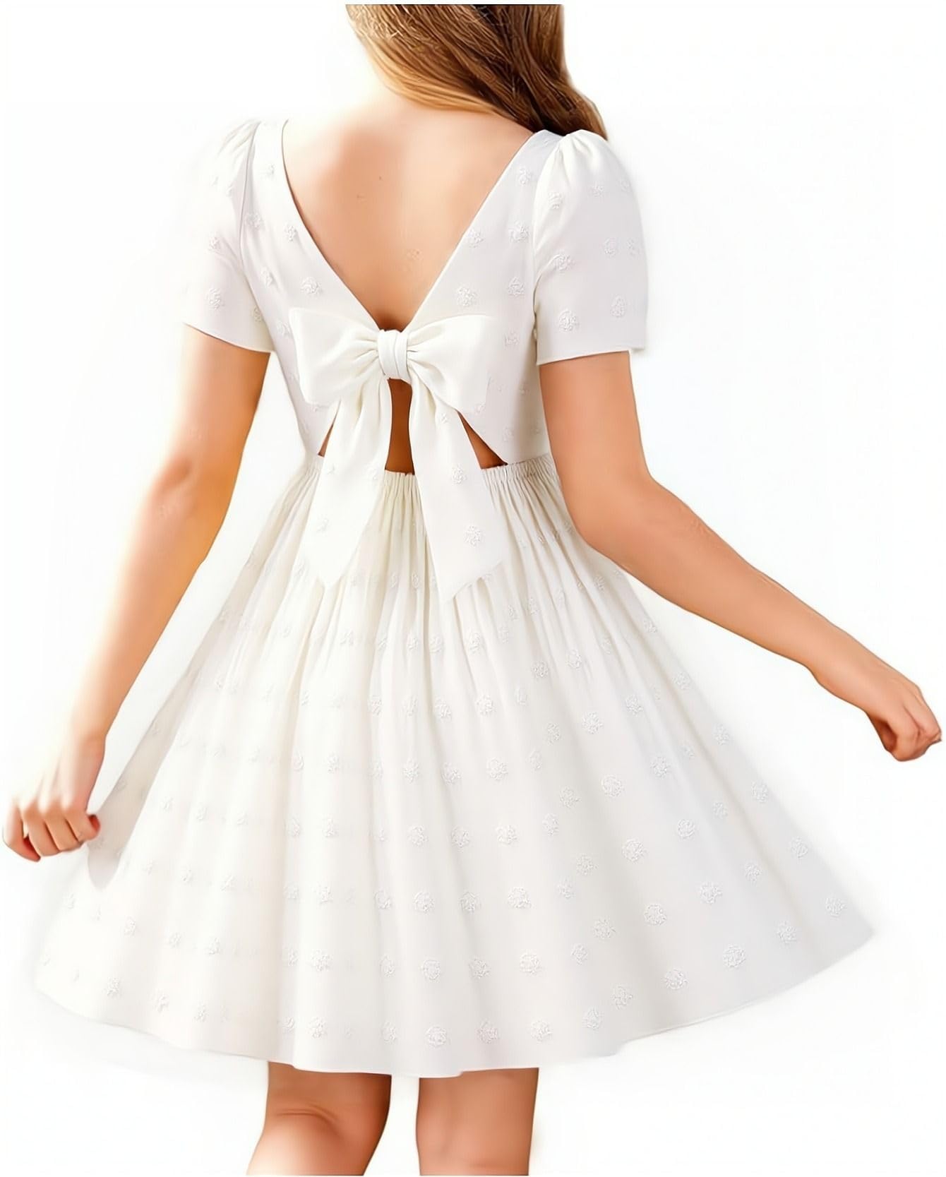 Young Girl Easter Dress Graduation Short Sleeve Summer Casual Tie Back Princess Style Dress