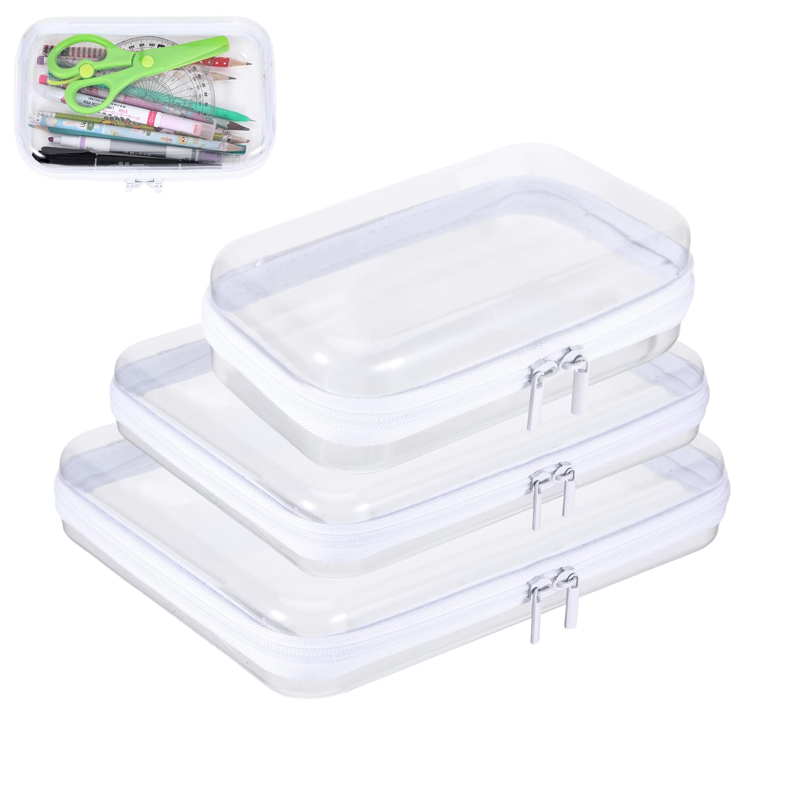 3 Pack White Frame Hard Shell Zipper Case, Travel Organizer with Clear Zipper Pouches Hard Shell Design, Multipurpose Clear Makeup Bag for Snacks,