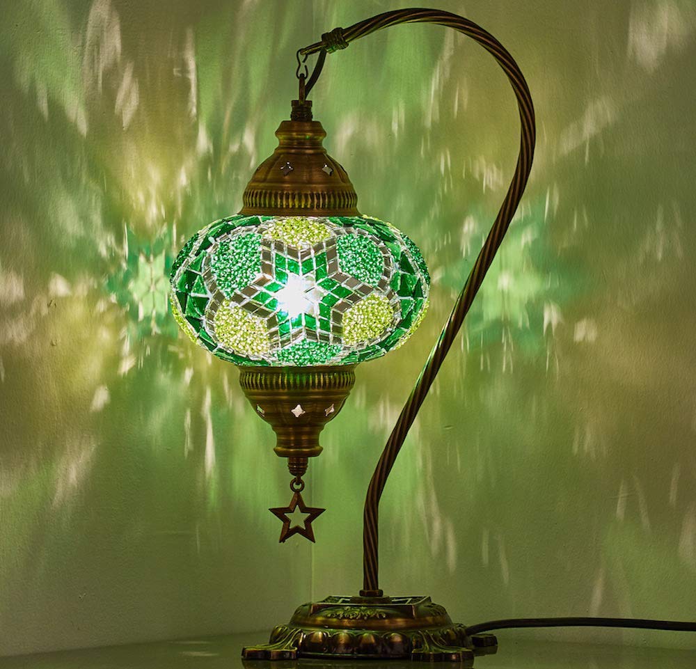 (33 Colors) DEMMEX Turkish Moroccan Mosaic Table Lamp with US Plug & Socket, Swan Neck Handmade Desk Bedside Table Night Lamp Decorative Tiffany Lamp Light, Antique Color Body (25)