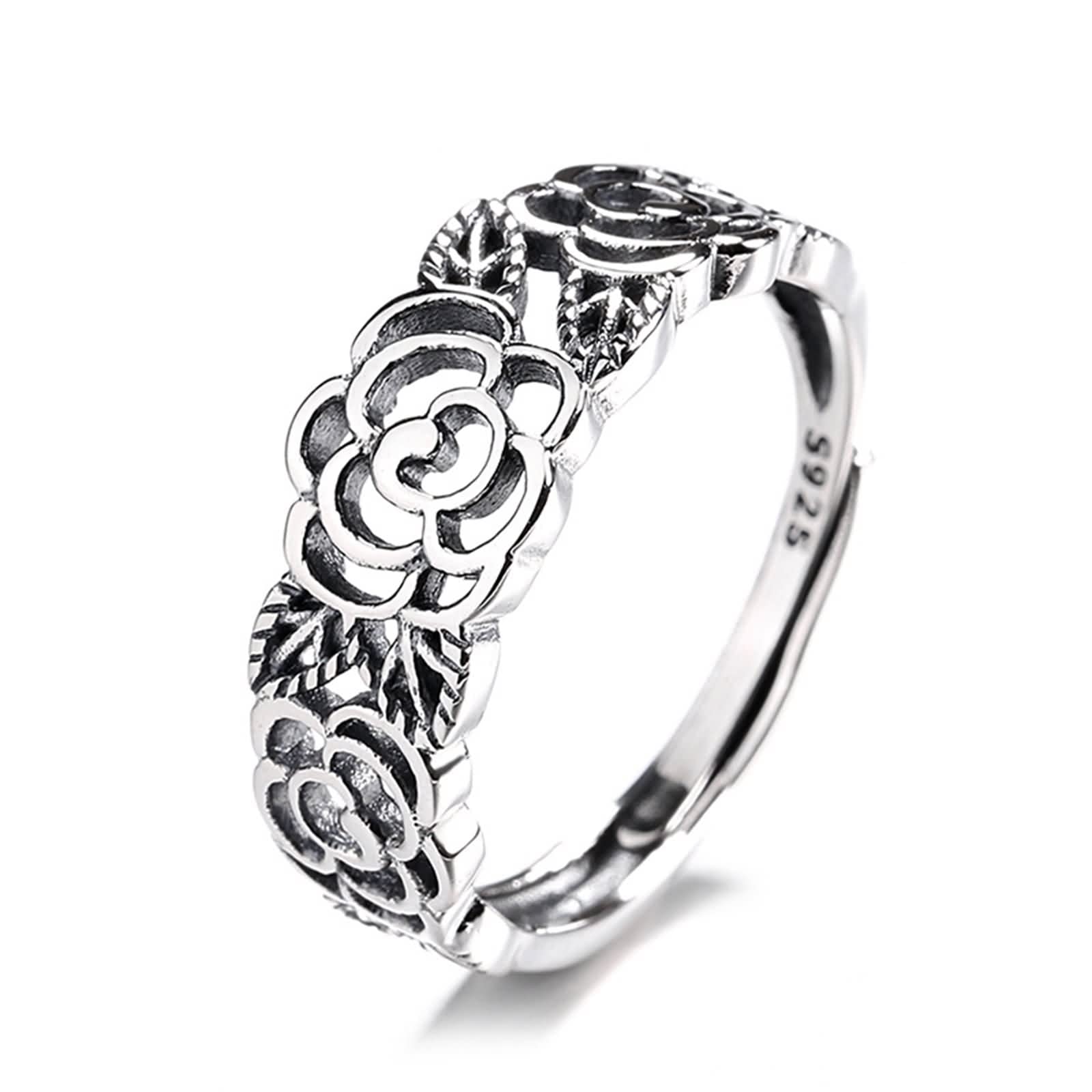 925 anelli a fascia da donna, anelli regolabili aperti per le donne in argento sterling con rosa cava regolabile gioielli alla moda per lei, Adjustable, Nessuna pietra preziosa