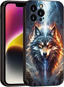 Printed with Wolf for iPhone 15 pro max case, A Fusion of The Elements of Lightning and Flame Wolf Silicone Soft Shockproof Case - Lone King (A1-Wolfs-Anima)