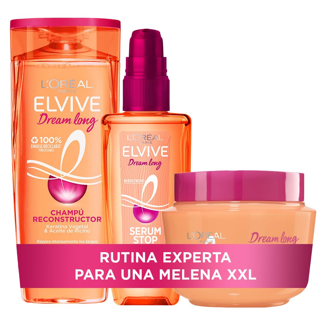 L'Oréal Paris Pack ELVIVE Dream Long Champú y Mascarilla Reconstructora y Serum Stop Frizz para Pelo largo