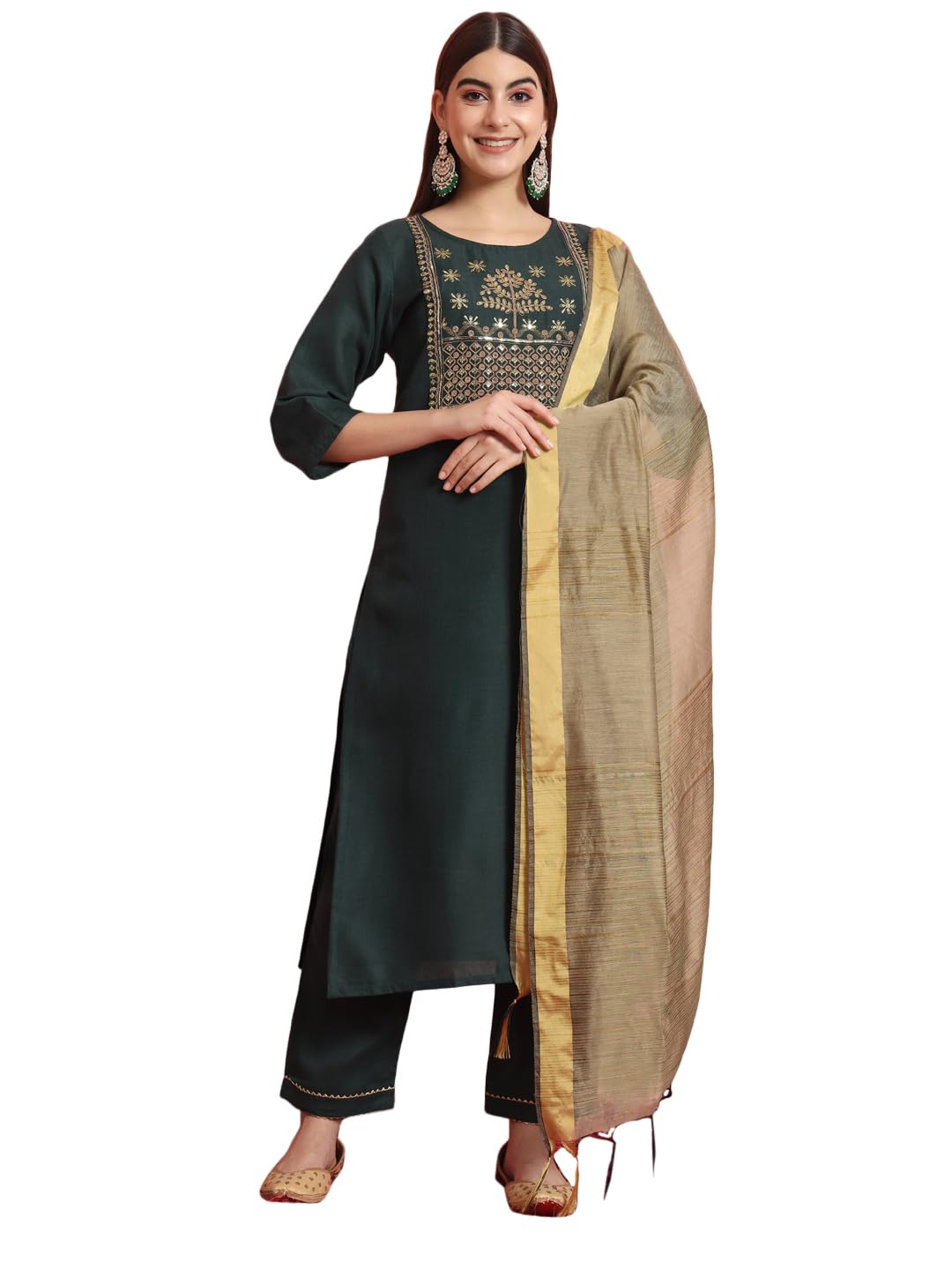 VredeVogel Women's Embroidered Cotton Blend Kurta Pant Set with Chanderi Silk Dupatta