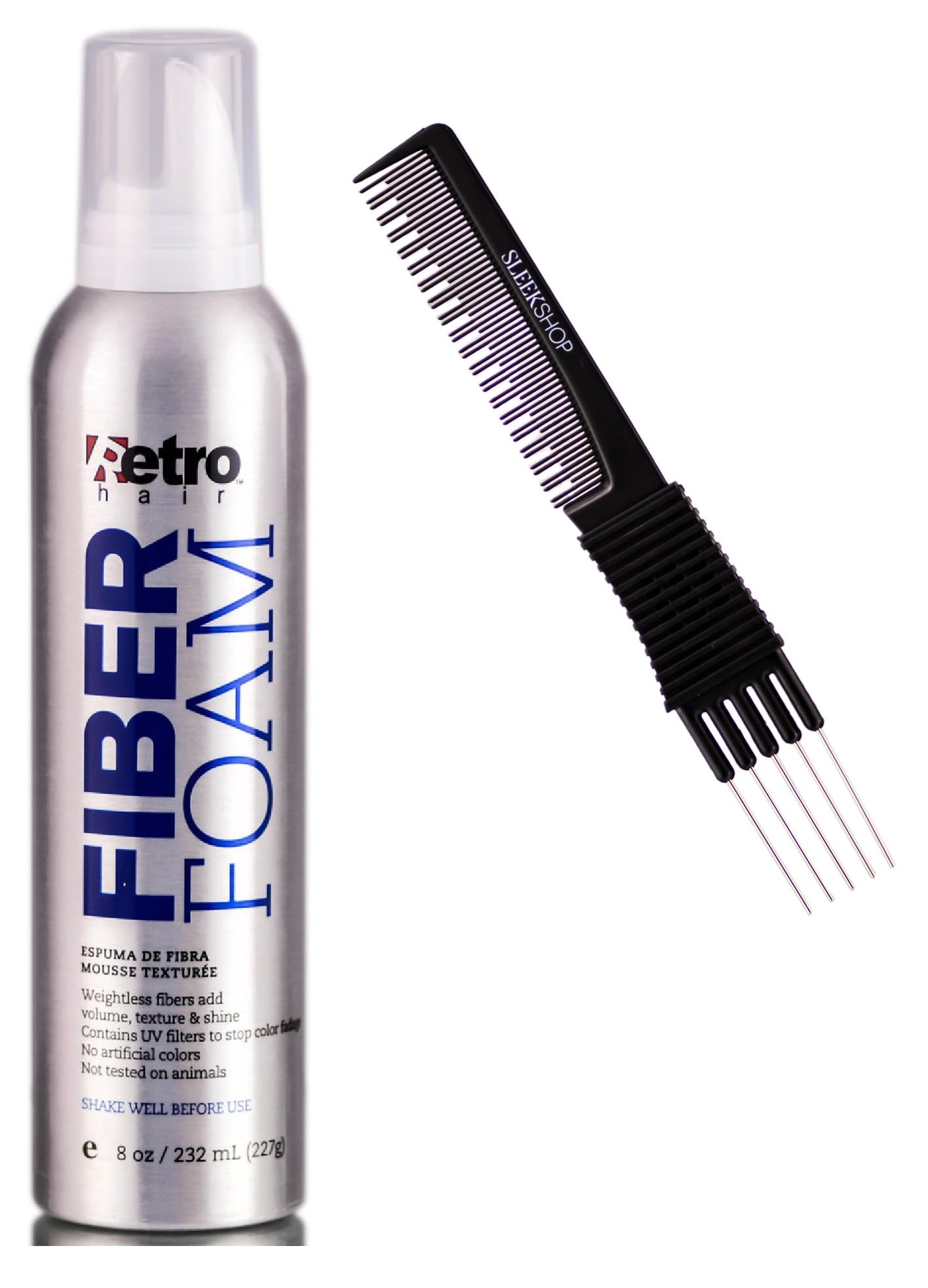 Practice Comb + RETRO HAIR Fiber Foam, Mousse Texure Weightless Fibers for Hair Volume Aerosol Hairsprays (w/SIeekshop Premium Teasing Comb) Retrohair Hair Spray (FIBER FOAM (8 oz))