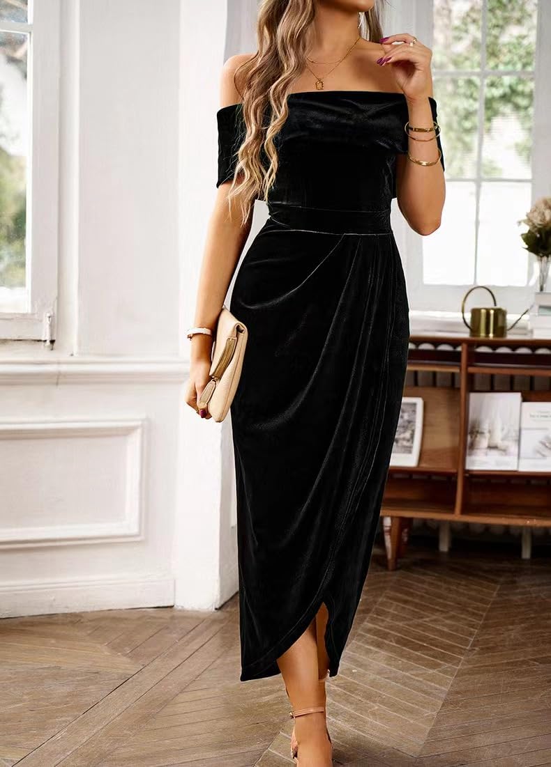 Off The Shoulder Vintage Velvet Bodycon Midi Dress for Women Wrap Slit Elegant Cocktail Party Evening Pencil Dress - Image 2