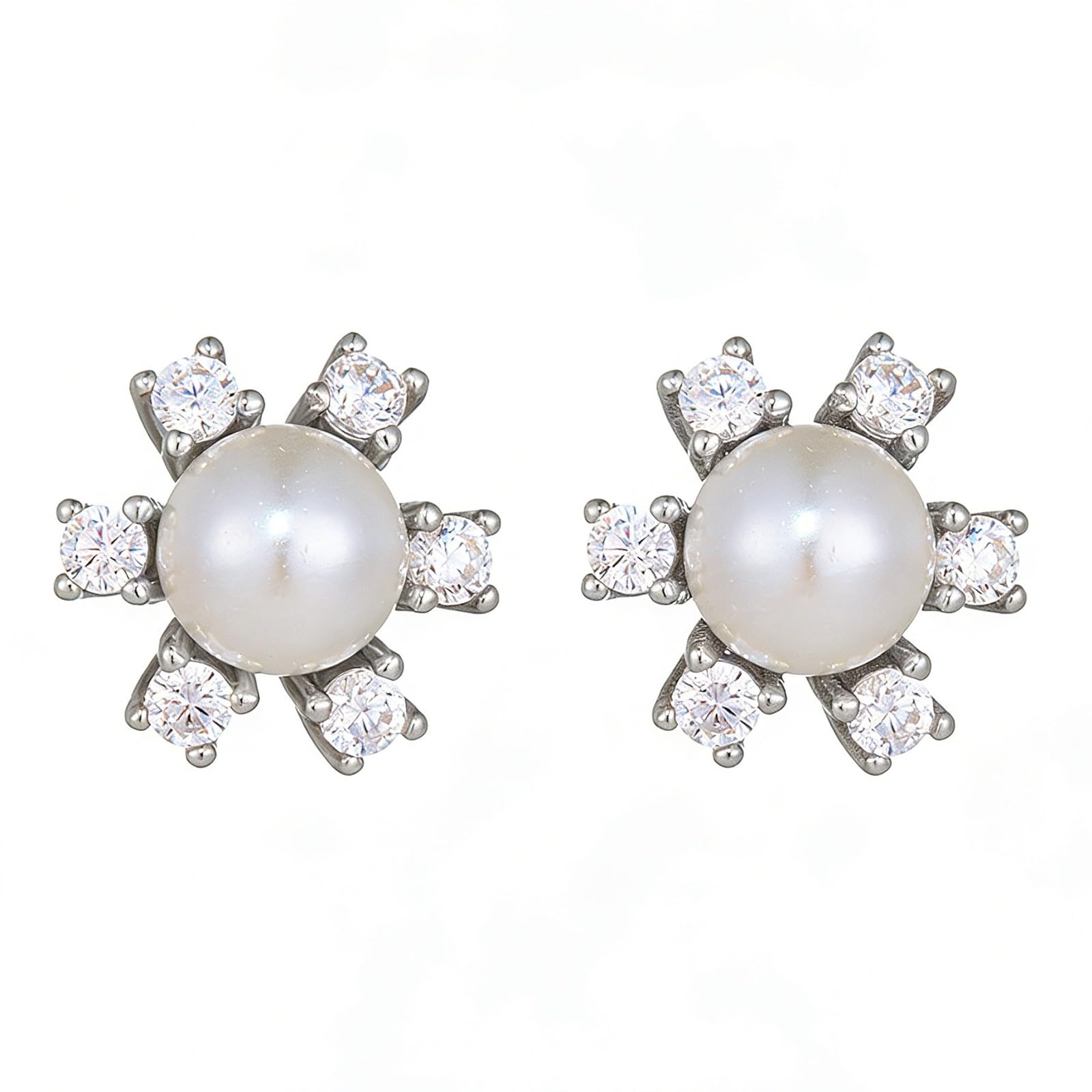 Kolczyki damskie PlatinMoissanit, płatki śniegu, kolczyki damskie z białą perłą, kolczyki na sztyfcie, platyna 950
