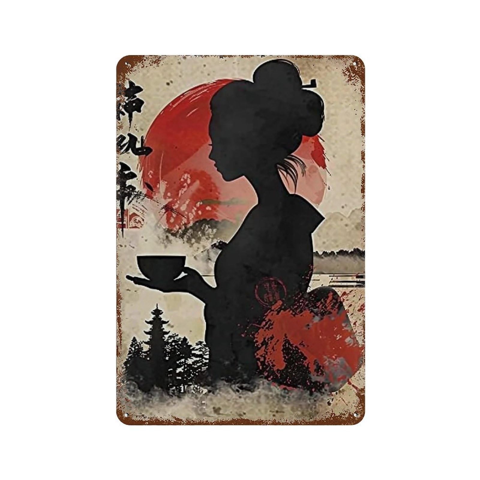 YHGERTKU Japanese Woodblock Print Zen Woman Steaming Tea 01 Wall Art Retro Iron Vintage Metal Tin Sign Poster Modern Decor for Living Rooms Gift 30x20cm