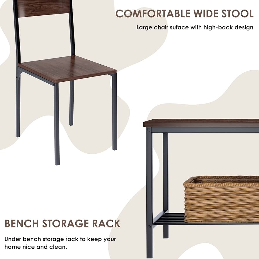 thumbnail: SogesHome Eettafel Set 4-delig - Met 2 Stoelen & Bank Met Opbergplank - 110x70x76 Cm - Hout & Staal