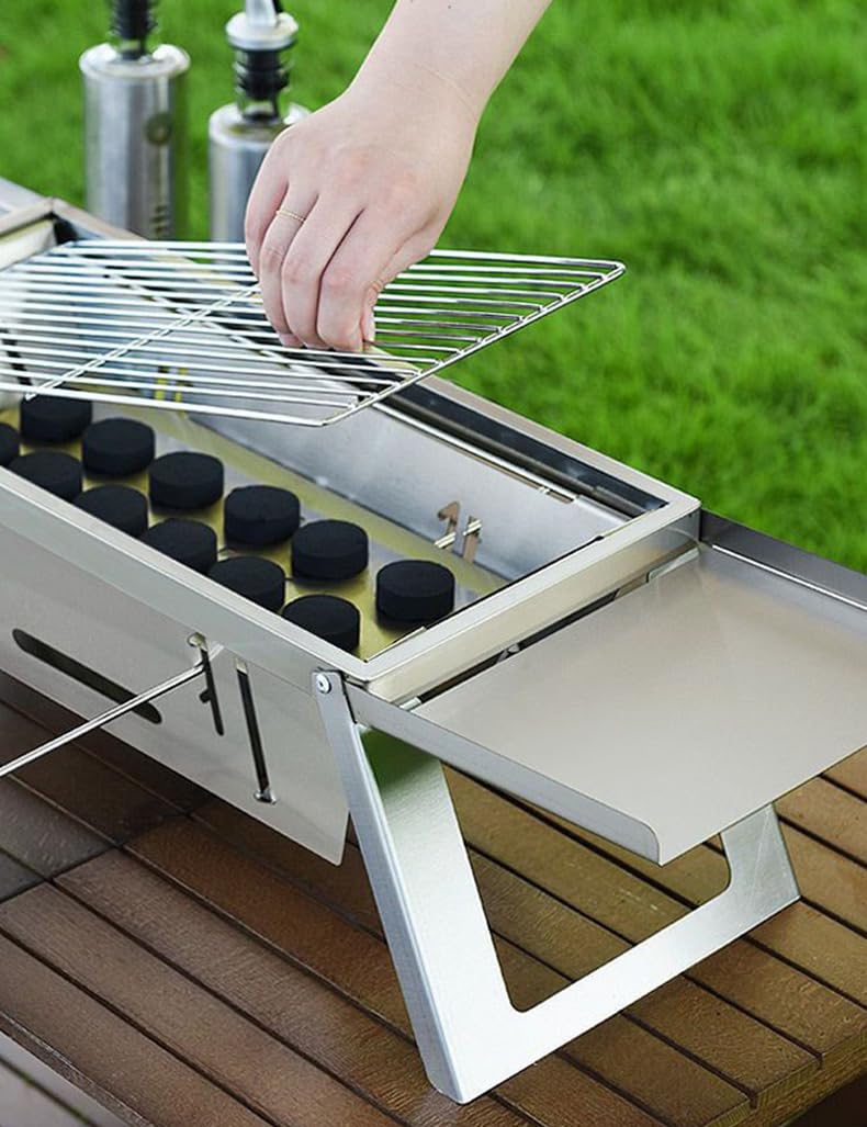 Hualisen Edelstahl Holzkohlegrill,28x6.7in Klein BBQ Grill Portable,Klappgrill mit Handschuhen und Aufbewahrungstasche Tischgrill für Partys, Picknickgrill, Reisen, Campinggrill (SK)