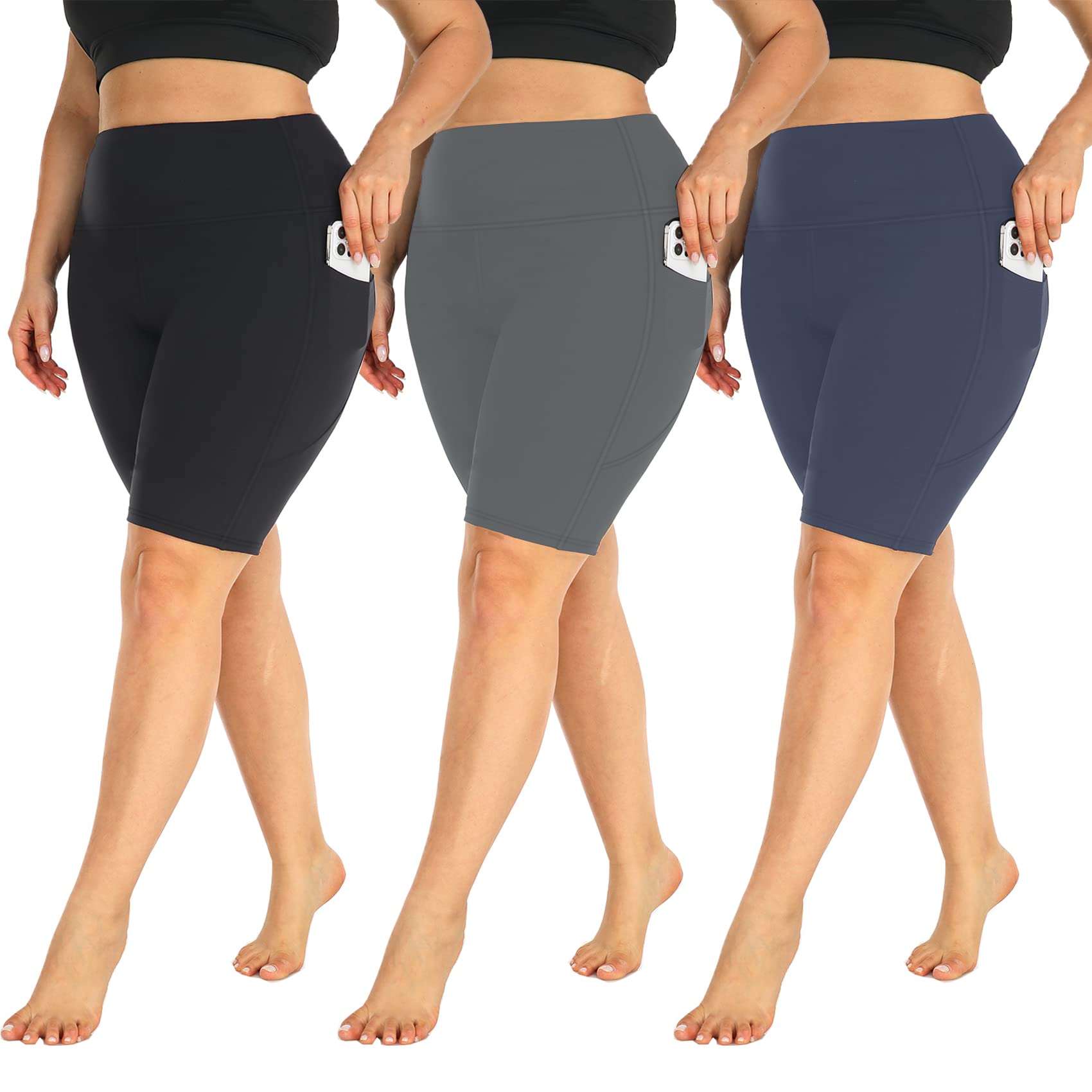 MOREFEEL 3 Pack Plus Size 8" Biker Shorts with Pockets for Women-High Waist Non-See Through Workout Black Yoga Short