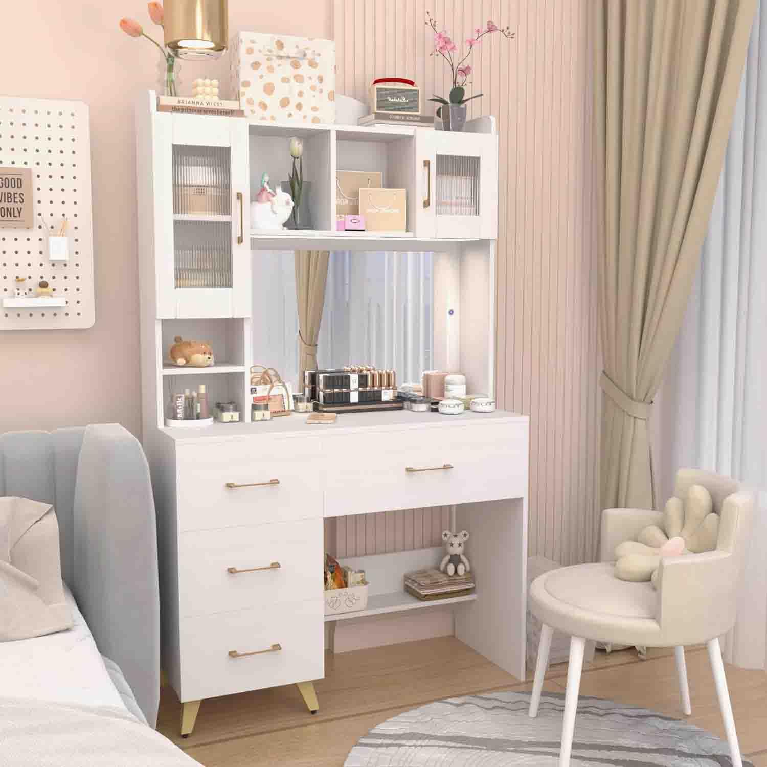 BJYXO Vanity Desk with Large Lighted Mirror,Large Makeup Vanity Table Lots Drawers & with Door Shelves of Vanity Set,Modern Makeup Desk for Bedroom (66.9\" H) White