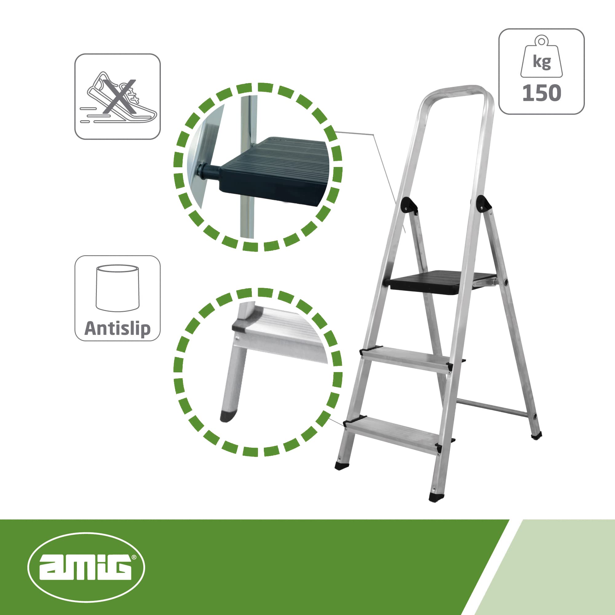 Amig - Schody składane z 3 stopniami - Wykonane z aluminium - Wymiary małych szczebli: 28 cm x 8 cm - Rozmiar dużego stopnia: 25 cm x 25 cm x 28 cm - Do użytku domowego - Maksymalne obciążenie: 150 kg