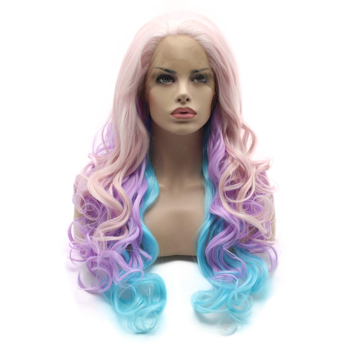 Lushy Wavy Long 26inch Pink Light Purple Blue Mix Wig Full Density Heat Resistant Synthetic Lace Front Wig