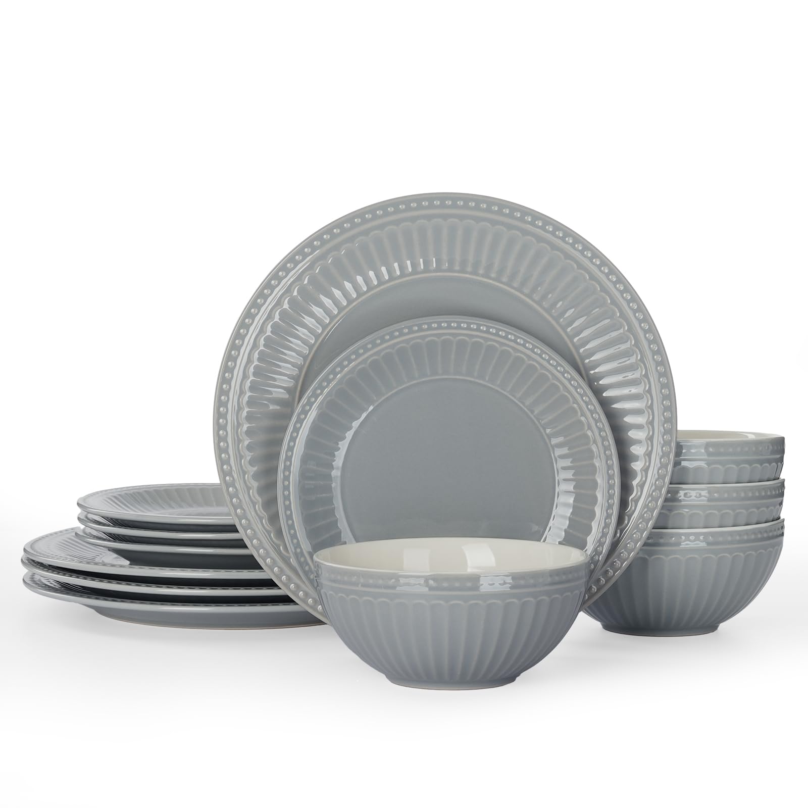 Famiware Ceramic Plates and Bowls Sets, Embossed Dishes Dinnerware for 4