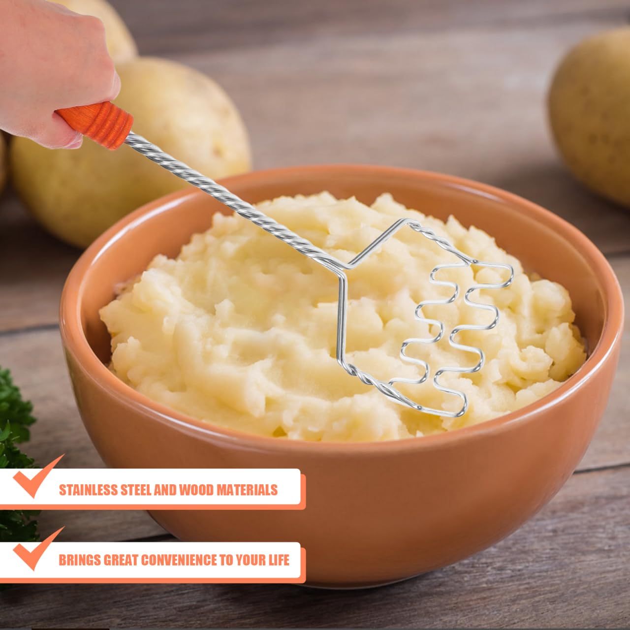 Hemoton Handkartoffelstampfer Edelstahldraht Stampferplatte Manuelle Bohnenstampfer Ricer Kartoffelpüree Werkzeug mit Holznadel für Kartoffeln Gemüse Obst